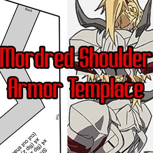 Puede incluir: Un diagrama en blanco y negro de una pieza de armadura de hombro con el texto "Mordred Shoulder Armor Template" en rojo. El diagrama muestra las diferentes piezas de la armadura y cómo encajan.