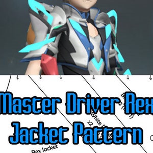 May include: A white and blue jacket pattern for a Master Driver Rex jacket. The pattern includes lines and markings for cutting and sewing.