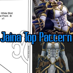 Op de afbeelding: Een printbaar patroon voor een wit shirt met een blauwe en gouden bies. Het patroon is getiteld "Jaina Top Pattern" en bevat instructies voor het knippen en naaien van het shirt.