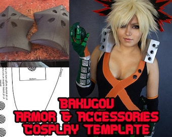 May include: Cosplay template for Bakugou from My Hero Academia. The template includes instructions for creating armor and accessories. The image shows a person wearing a black and orange costume with a blonde wig.