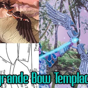 Può includere: Immagine dettagliata che mostra un modello di arco Tyrande. L'arco presenta intricati disegni a forma di ali e un raggio di energia blu brillante. L'immagine include anche un paio di scarpe da ginnastica nere e arancioni con ali nere attaccate e un modello con istruzioni.