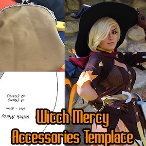 Puede incluir: Un bolso de tela marrón con cierre de plata y una plantilla blanca para un sombrero de bruja con el texto "Witch Mercy Accessories Template" impreso en él.