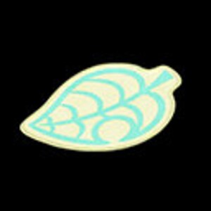 May include: A light green leaf with a white outline, a popular symbol from the Animal Crossing video game series.