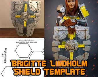 May include: A printable template for a shield from the video game Overwatch. The shield is silver with yellow accents and a hexagonal pattern. The template includes instructions to repeat the pattern across the entire shield base.
