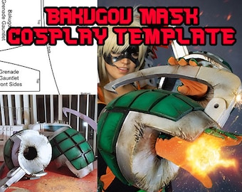 May include: A cosplay template for a green and white Bakugou mask from the anime My Hero Academia. The template includes instructions for creating the mask, as well as the grenade gauntlets. The image also shows a person wearing the completed mask.