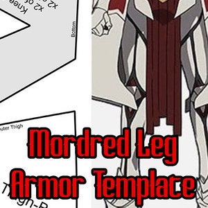 Puede incluir: Una plantilla imprimible para hacer un disfraz de armadura de pierna. La plantilla es para un personaje llamado Mordred. La imagen muestra un diseño de armadura de pierna blanco y rojo.