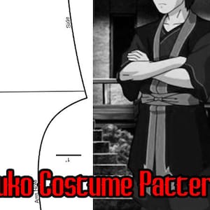 May include: Black and white image of a character wearing a black and white costume with a red sash. The image includes a pattern for the costume with the text "Zuko Costume Pattern".