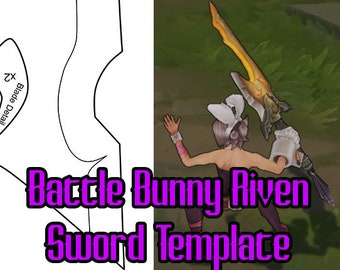 May include: A printable template for a sword prop, featuring a white outline of the sword with the text "Battle Bunny Riven Sword Template".