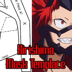 May include: A printable mask template for a red and black superhero mask. The template includes instructions for folding and cutting the paper. The text "Kirishima Mask Template" is printed in red on the image.