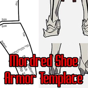 Puede incluir: Una plantilla imprimible para hacer los zapatos de Mordred del anime Fate/Apocrypha. La plantilla incluye instrucciones para alargar o acortar el patrón del zapato. La imagen muestra un dibujo en blanco y negro de la línea del zapato.