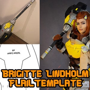 Könnte beinhalten: Eine Cosplay-Requisite einer Streitflegel, eine Waffe, die von der Figur Brigitte Lindholm aus dem Videospiel Overwatch verwendet wird. Der Streitflegel ist aus Schaumstoff gefertigt und hat ein gelbes und graues Farbschema. Der Streitflegel ist eine Nachbildung des im Spiel verwendeten.