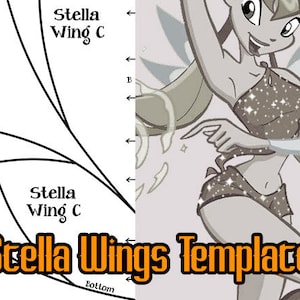 Op de afbeelding: Zwart-witte lijnkunst sjabloon van feeënvleugels met de tekst "Stella Wings Template" en de woorden "Stella Wing C" twee keer herhaald.