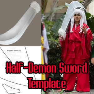 Puede incluir: Una espada de medio demonio blanca con un pomo de piel blanca. La espada la sostiene una persona que lleva un kimono rojo y una peluca blanca. El texto "Half-Demon Sword Template" es visible en la imagen.