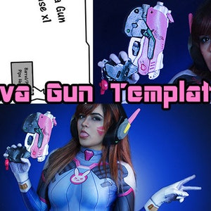 Può includere: Immagine cosplay con un accessorio pistola D.Va rosa e grigio. La pistola è tenuta da una persona che indossa un costume D.Va, con un body blu e bianco, dettagli rosa e cuffie. Il testo "Dva Gun Template" è visualizzato in rosa.