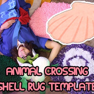 May include: A person lies amidst a collection of handmade rugs. The rugs are in various shapes and colours, including a pink shell, green, and a purple and white circular rug. The image text reads "ANIMAL CROSSING SHELL RUG TEMPLATE."