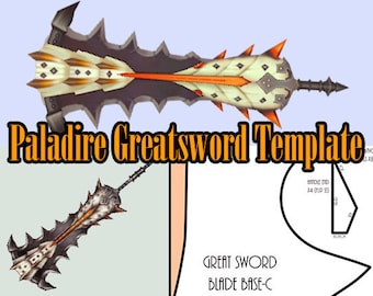 May include: A template for a large, black and white greatsword with orange accents. The template is labeled "Paladire Greatsword Template" and "Great Sword Blade Base-C".