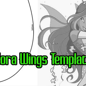 Op de afbeelding: Zwart-wit illustratie van een fee met lang haar en vleugels. De tekst "Flora Wings Template" is groen met een zwarte omlijning. Gedeeltelijke weergave van een sjabloon aan de linkerkant.