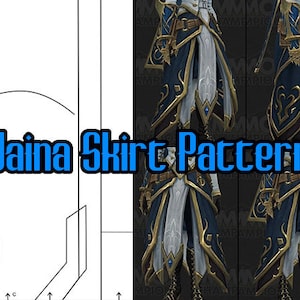 May include: A line drawing pattern for a skirt with the text "Jaina Skirt Pattern" in blue letters.