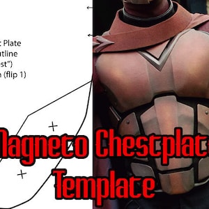 May include: A template for a Magneto chestplate costume. The template is a black and white line drawing of the chestplate. The image also shows a close-up of a red and silver chestplate.