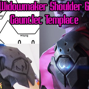 以下が含まれることがあります： 黒と灰色の肩と手袋の衣装のアップ。この作品は、ビデオゲームオーバーウォッチのキャラクター、ウィドウメーカーが着用している肩の鎧に似せてデザインされています。画像には「Widowmaker Shoulder & Gauntlet Template」というテキストが表示されています。