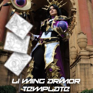 May include: A woman wearing a purple and gold costume with a crown and a staff. The costume features a white undergarment and gold accents. The staff has a purple orb at the top. The woman is standing in front of a building with a golden archway. The text "LI WING ARMOR TEMPLATE" is at the bottom of the image.