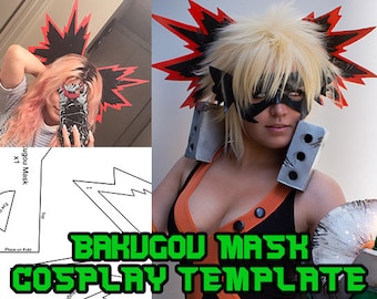 May include: A cosplay template for a Bakugou mask. The template includes a black and red spiky design with a black mask and a white background. The text "BAKUGOU MASK COSPLAY TEMPLATE" is written in green letters on the template.