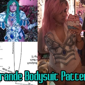 May include: A white and blue bodysuit pattern for a Tyrande cosplay. The pattern includes instructions for attaching the front and back pieces. The image also shows a person wearing a completed bodysuit.