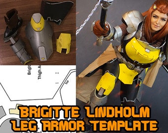 May include: A template for making a cosplay costume of Brigitte Lindholm from the video game Overwatch. The template includes a pattern for the leg armor, which is yellow and gray. The image also shows a person wearing the completed costume.