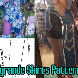 May include: A sewing pattern for a blue and silver skirt with the text "Tyrande Skirts Pattern" on the bottom. The pattern is for a skirt with a front and back piece. The pattern is labeled "Tyrande Skirts-Front B x1".