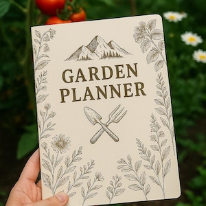 May include: A beige Garden Planner notebook with a mountain illustration and the text "GARDEN PLANNER". The cover features a shovel and fork crossed, surrounded by floral and botanical drawings. The notebook is held in front of a green background.