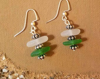 Lake Erie beach glass earrings in two colors with silvertone accents