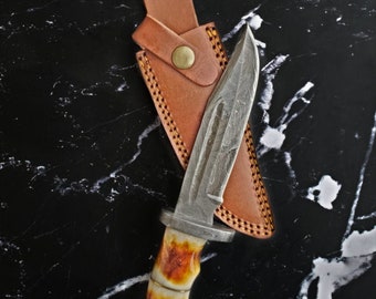 Handmade Damascus Steel Hunting Knife, Bone Handle, Leather Sheath