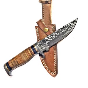 DAMASCUS KNIFE/ Titan/ Camp/ Hunting Knife / Leather Handel  TD-312