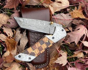 Damascus Steel Eagle Engraved Checkered Pocket Knife