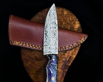 Damascus Hunting Knife, Damascus Fixed Blade Knife, Damascus Skinning Knife, Damascus EDC Knife Hand Made Knives Gifts Titan Purple Heart