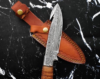 Damascus Steel, Handmade Knife, Hunting Knife with Gut Hook, Stacked leather handle Military style,