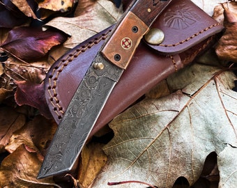 Damascus Steel Folding Knife Tanto Blade Engraved Walnut Handle and Copper Bolster Titan Pocket Samurai X