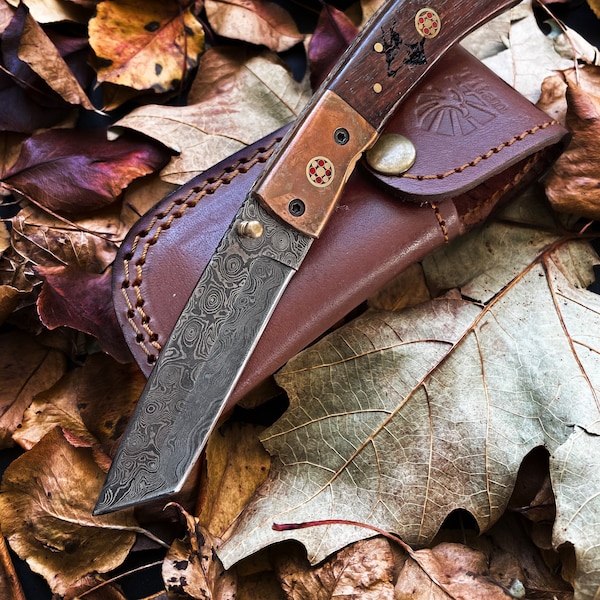 Damascus Steel Folding Knife Tanto Blade Engraved Walnut Handle and Copper Bolster Titan Pocket Samurai X