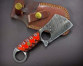 EDC Mini Cleaver/ Handmade Damascus Steel/ Bushcraft knife/ Tactical handle with finger hole