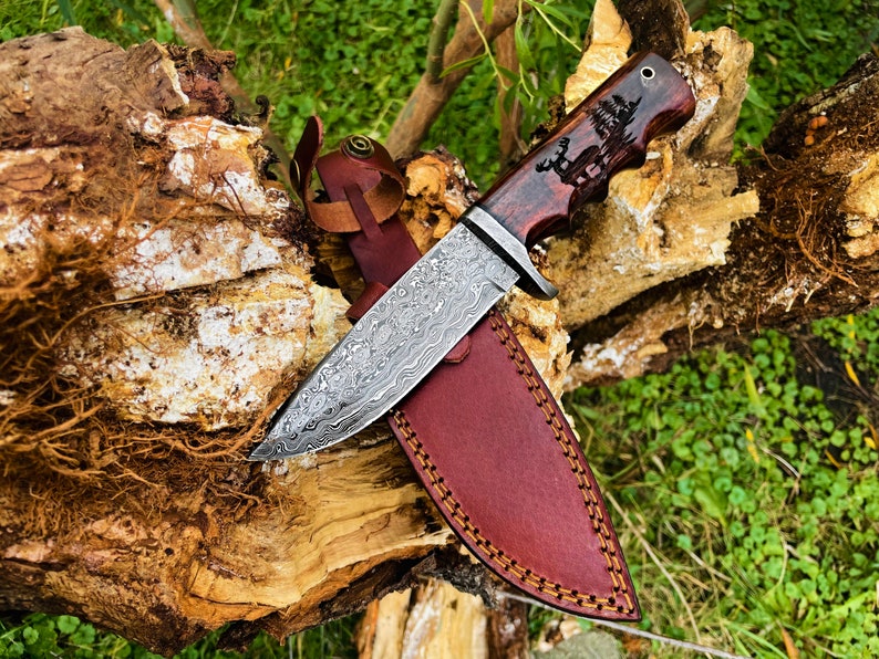 Damascus Steel Hunting Knife Buck Engraved Walnut Scales image 2