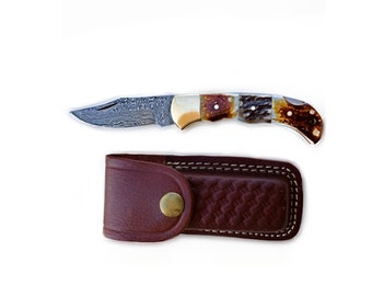 Handmade Damascus Folding Pocket Knife with Leather Sheath