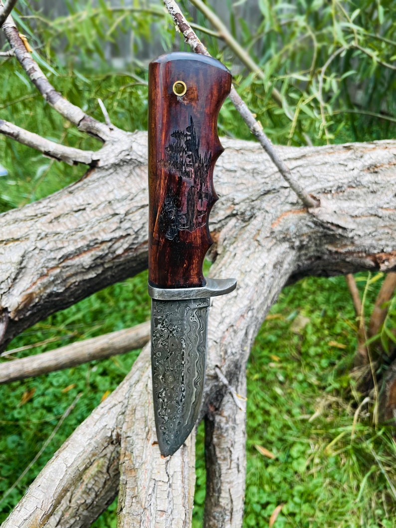 Damascus Steel Hunting Knife Buck Engraved Walnut Scales image 4