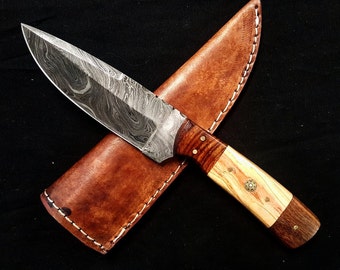 Coltello Damasco Coltello fatto a mano, Coltello da tasca Coltello in acciaio Damasco personalizzato, caccia forgiato Damasco Acciaio Lama fissa 10 &quot;Regalo di Natale in legno