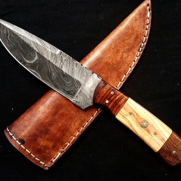 Cuchillo de Damasco Cuchillo hecho a mano, Cuchillo de bolsillo Cuchillo de acero de Damasco personalizado, Caza forjado Damasco Acero Hoja fija de 10 "Madera Regalo de Navidad