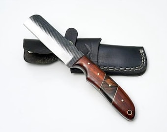 Titan EdgePro koolstofstalen mes – handgemaakt gekarteld mes met houten handvat en leren schede, gereedschap voor buiten, cadeau voor hem