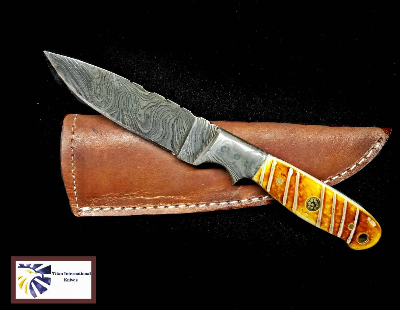 Damascus Knife Burn Camel Bone Scales by Titan TD102 Etsy
