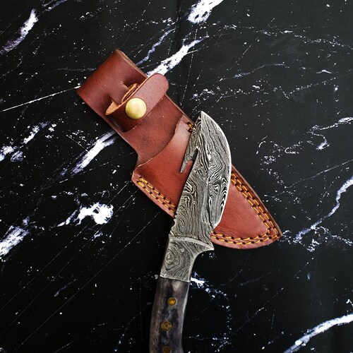 Damascus Skinning Gut Hook Hunting Knife Etsy