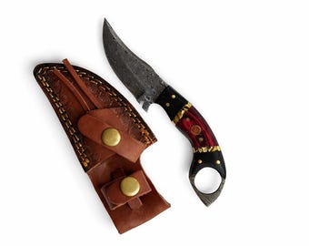 Titan Shadowclaw Damascus Karambit Knife – Handmade Fixed Blade with Wood Handle, Leather Sheath