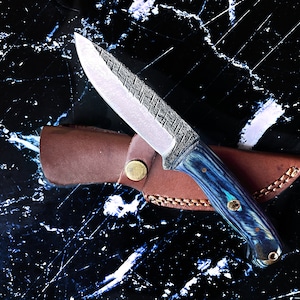 Titan Azura Custom knife/ hunting knife/ Carbon steel skinning knife/ camping/ utility knife with Blue Diamond Wood handle.
