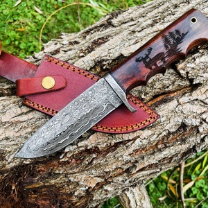 Damascus Steel Hunting Knife Buck Engraved Walnut Scales image 1